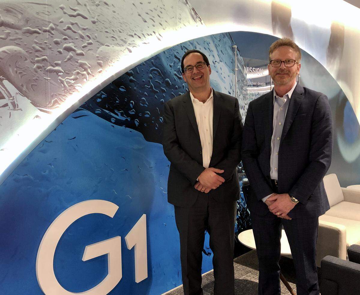 Mark Velleca, left, the CEO of G1 Therapeutics stands with Terry Murdock, G1’s chief operating officer.