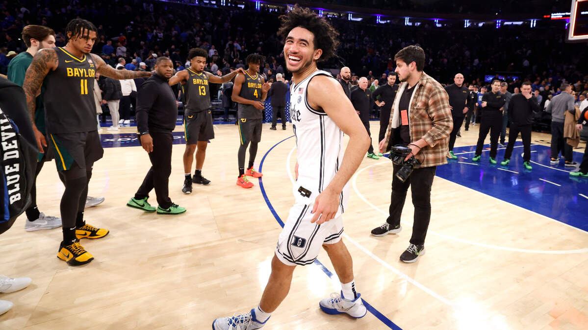 Duke’s Jared McCain (0) celebrates after Duke’s 78-70 victory over Baylor at Madison Square Garden in New York City Wednesday, Dec. 20, 2023.