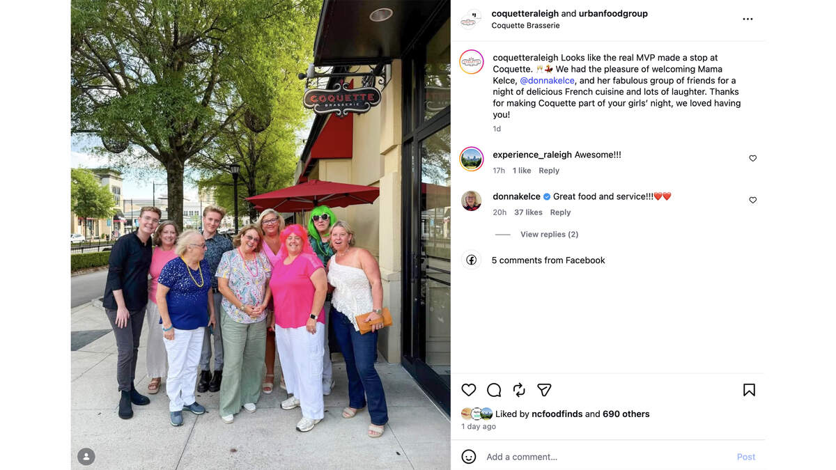 Donna Kelce, better known as Mama Kelce pictured in the green wig, stopped in to North Hills with her entourage this week, dining at French restaurant Coquette.