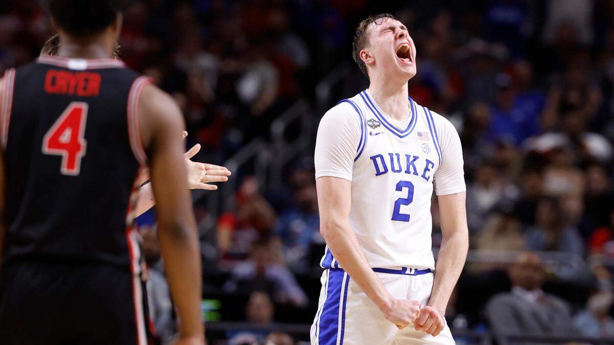 Duke’s Cooper Flagg celebrates a basket last season. Flagg, who recently declared for the NBA draft, will likely be selected at No. 1 overall by whichever NBA team wins the draft lottery on May 12.