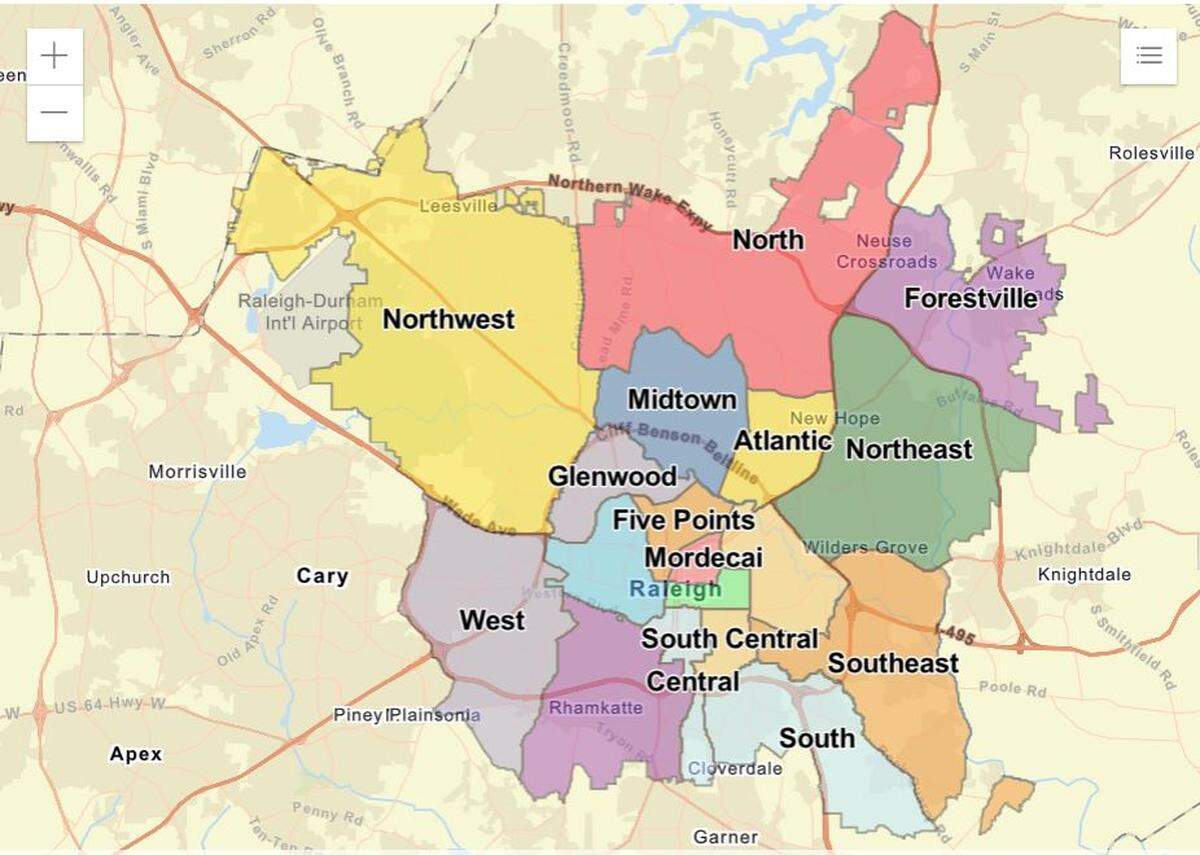 The City of Raleigh’s Citizen Advisory Councils each represent a different geographic region of the city.