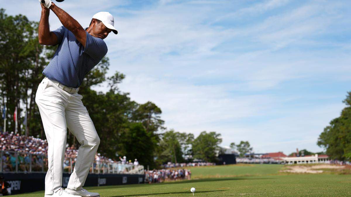Tiger Woods tees off on the 18th hole during a practice round for the U.S. Open golf tournament at Pinehurst No. 2 on Monday.