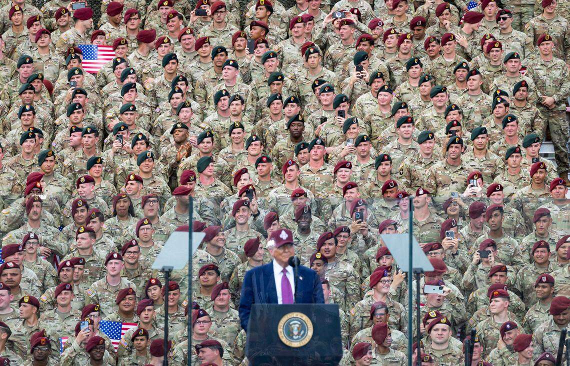 A crowd of soldiers and civilians watch President Donald Trump speak at Fort Bragg, N.C. on Tuesday, June 10, 2025 to mark the 250th anniversary of the U.S. Army.