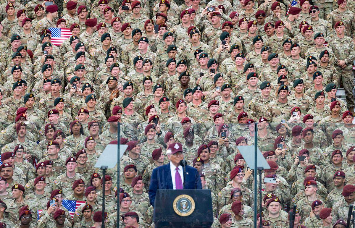 A crowd of soldiers and civilians watch President Donald Trump speak at Fort Bragg, N.C. on Tuesday, June 10, 2025 to mark the 250th anniversary of the U.S. Army. 
