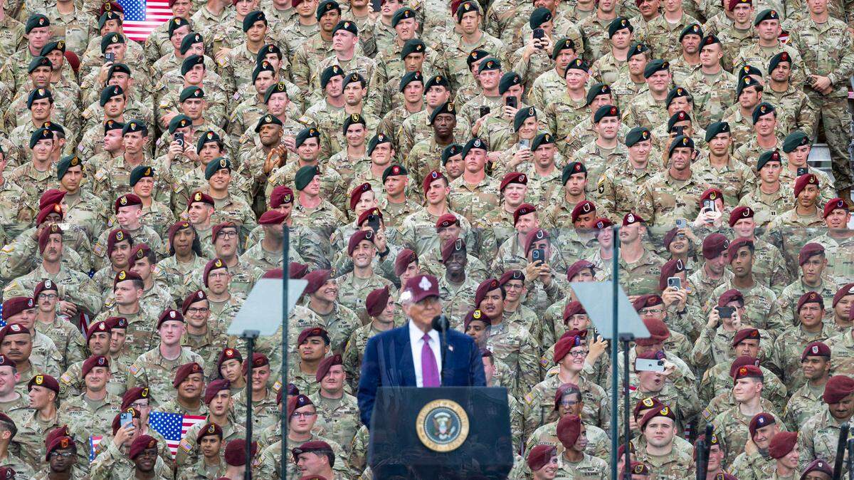 A crowd of soldiers and civilians watch President Donald Trump speak at Fort Bragg, N.C. on Tuesday, June 10, 2025 to mark the 250th anniversary of the U.S. Army.