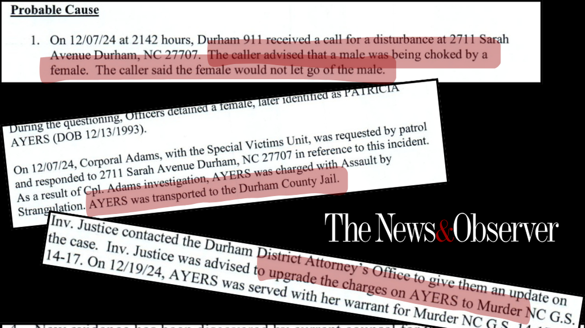 A graphic showing excerpts from court documents in the murder case against Patricia Ayers. Ayers, 32, has been in jail since 2024 on a murder charge the state admits has little evidence to it.