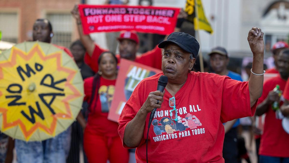 ‘Mama Cookie’ of Durham, who worked in fast food for more than 20 years addresses the May Day Rally on the CCB Plaza, calling for a calling for a $25 an hour wage for all, on Wednesday, May 1, 20214 in Durham, N.C.