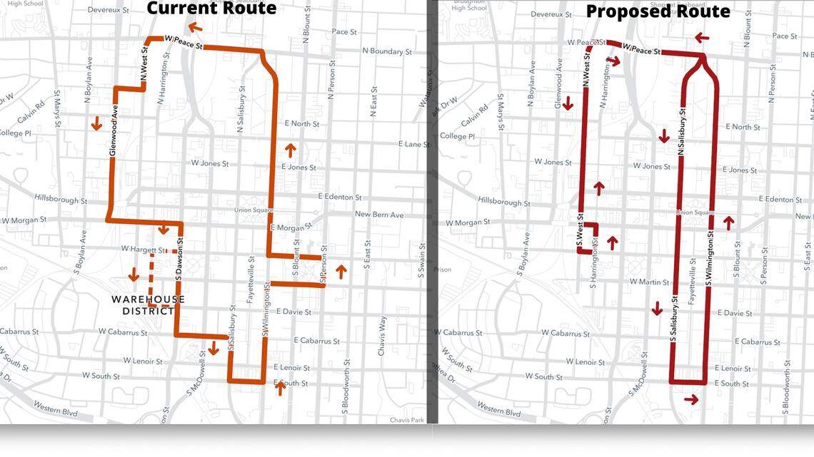 The Raleigh Transit Authority has proposed to replace the R-Line loop route, left, with a new one, right.