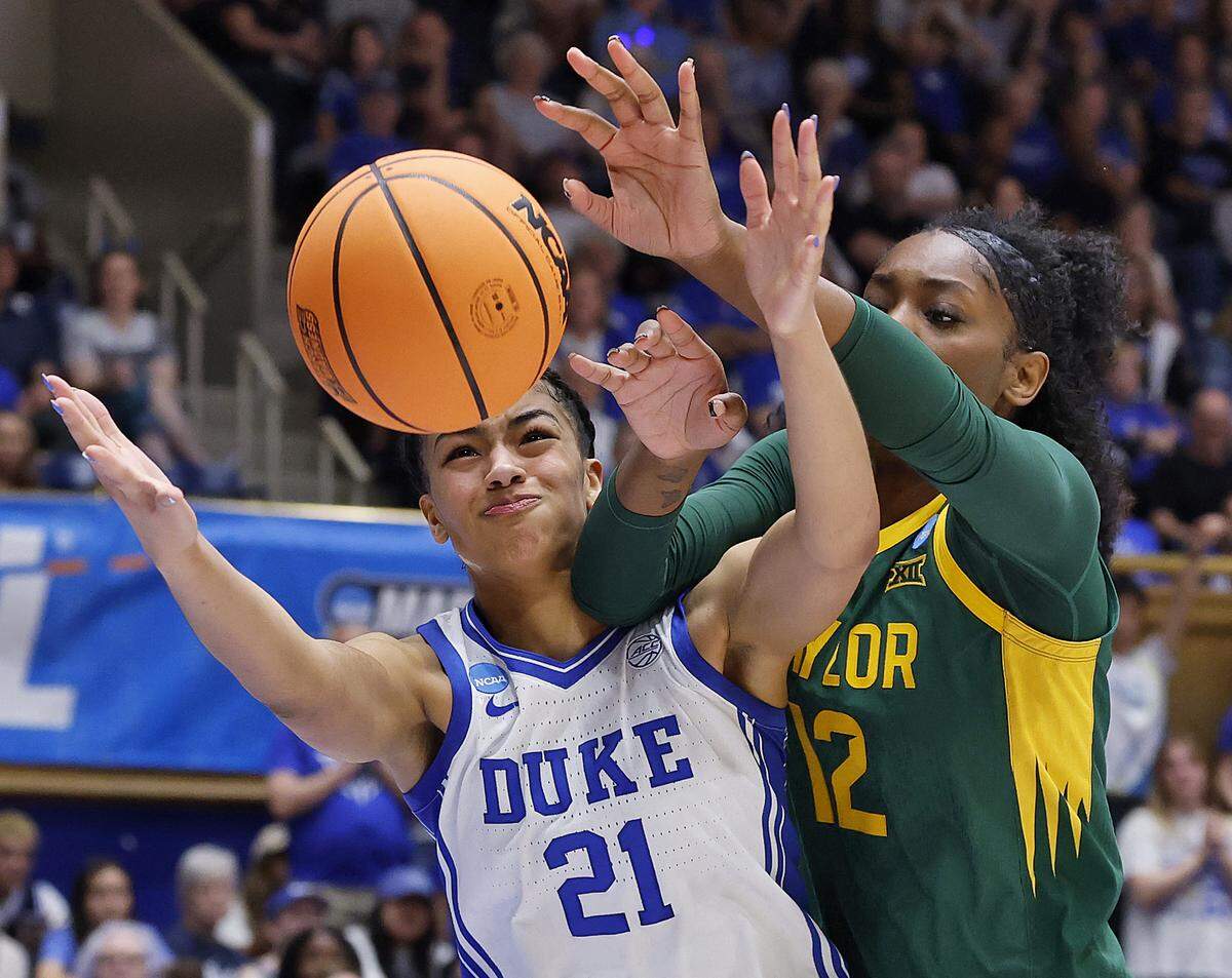 Duke’s Arianna Roberson battles Baylor’s Kyla Abraham for a rebound during the second half of the Blue Devils’ 69-46 second-round NCAA Tournament win on Sunday, March 22, 2026, at Cameron Indoor Stadium in Durham, N.C.