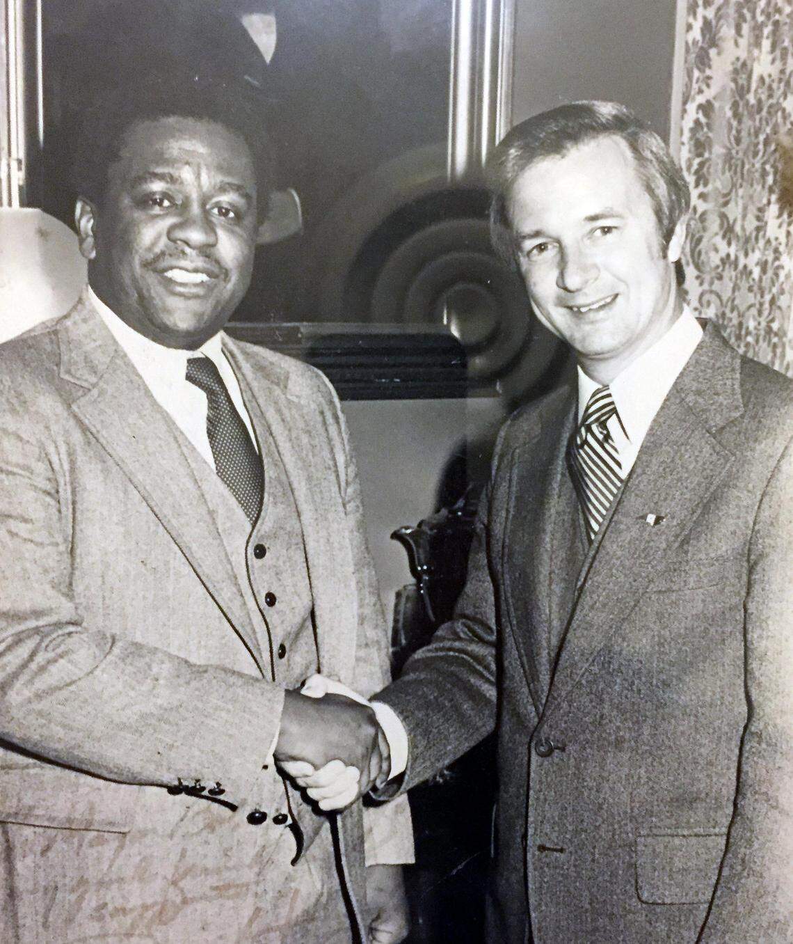 Robert “Bob” Drakeford, who was mayor of Carrboro from 1977 to 1983, meets with N.C. Gov. Jim Hunt. Drakeford was Carrboro’s first Black mayor.