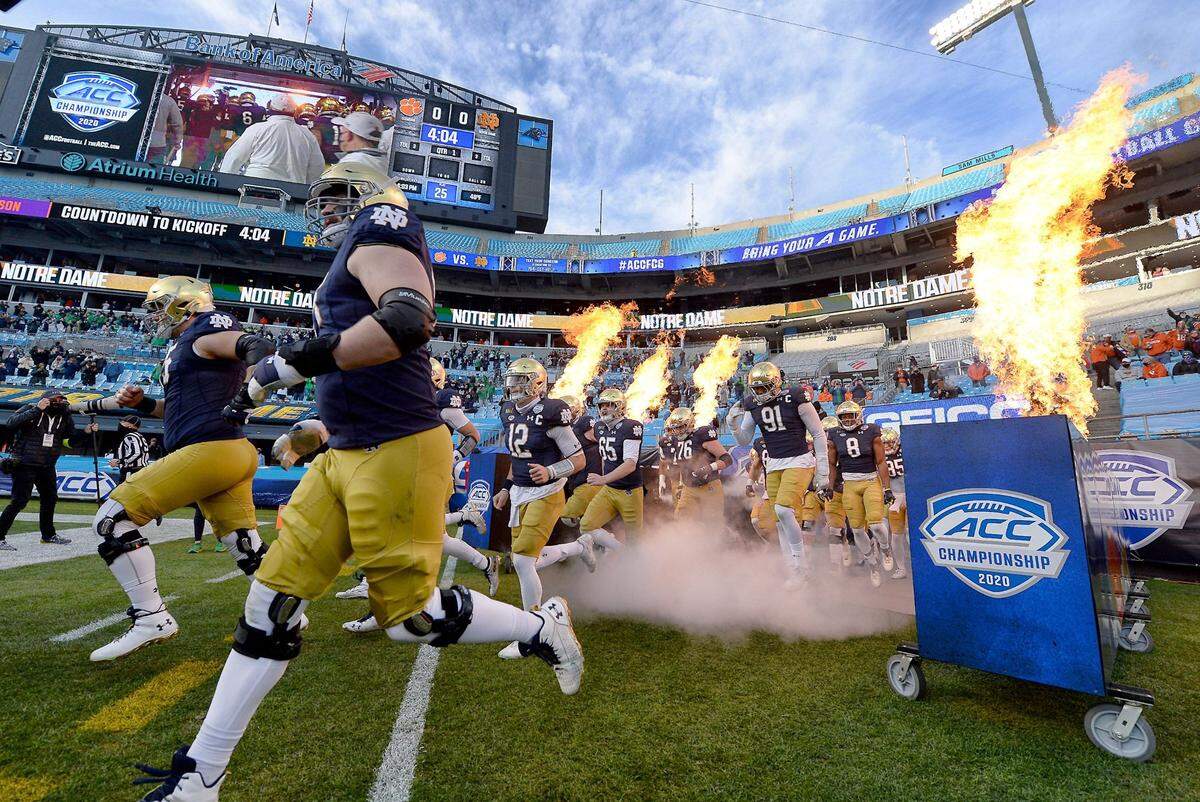 The Notre Dame Fighting Irish run onto the field at Bank of America Stadium in Charlotte, NC on Saturday, December 19, 2020. The Clemson Tigers and Notre Dame Fighting Irish faced off in the ACC Championship game.