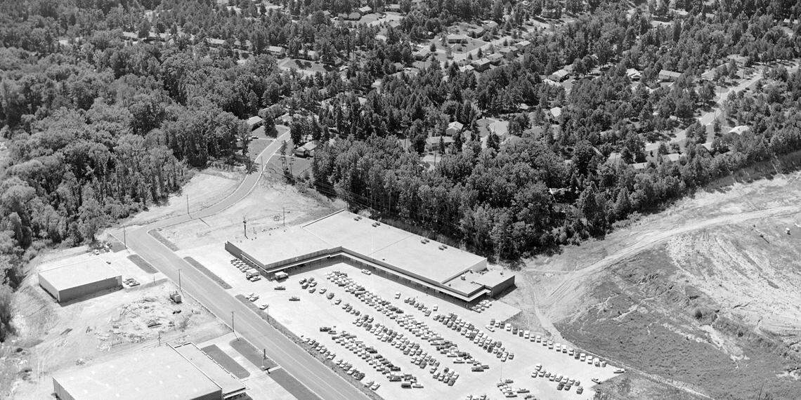 Gateway Plaza on the 2200 block of Capital Blvd, photographed in September 1966. The Woodcrest neighborhood is seen at the top of the frame.