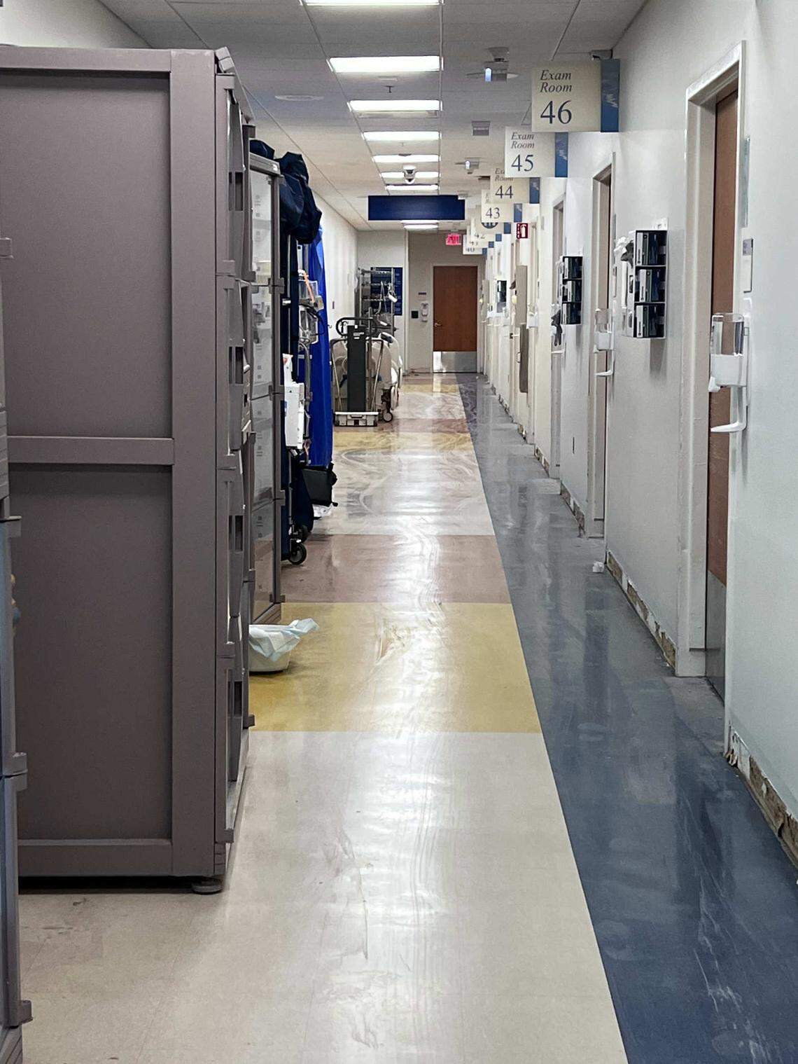 Cleanup from flooding in the hallways and front entrance of the Emergency Department at Duke University Hospital in Durham on Saturday, December 28, 2024.