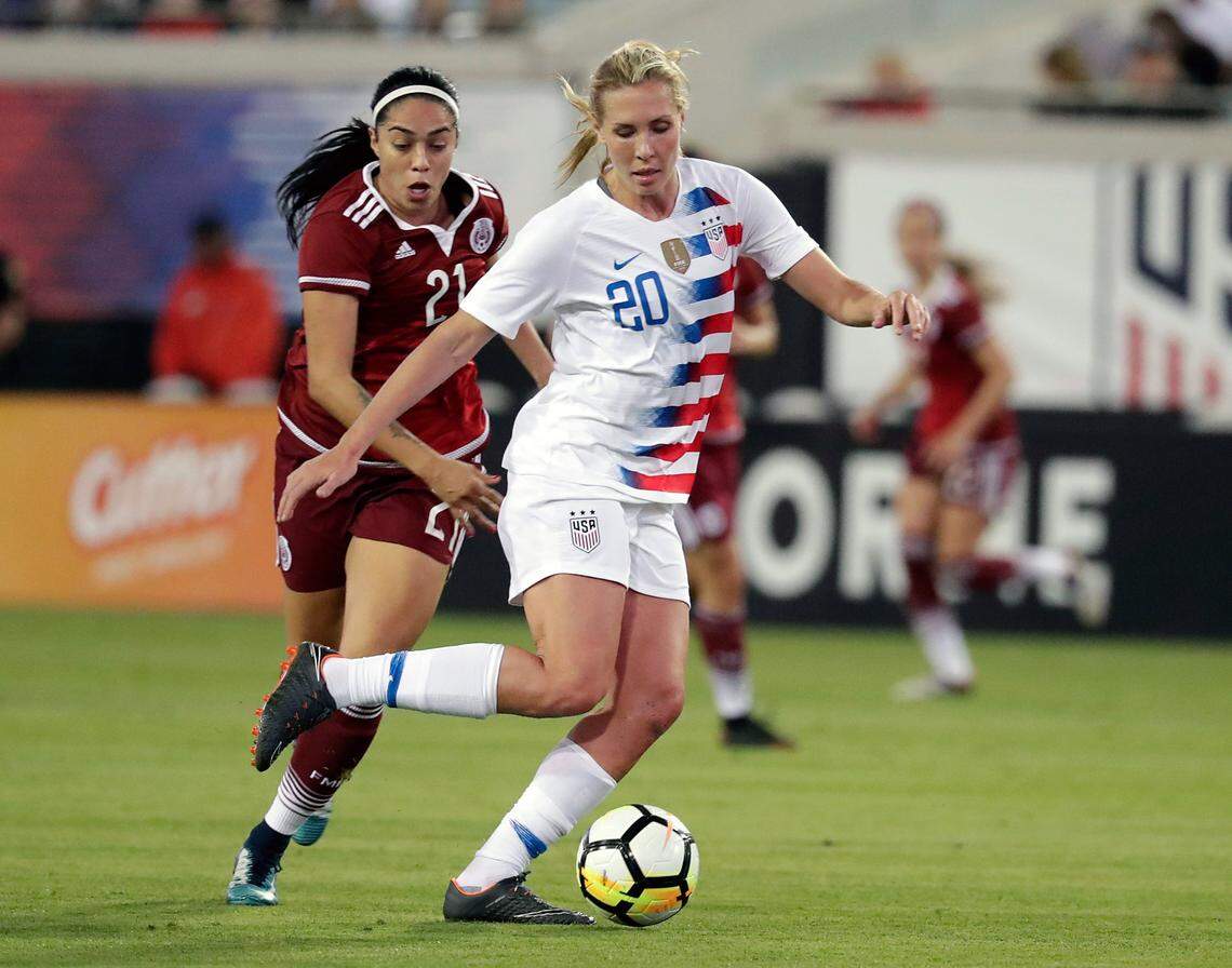 FILE - In this April 5, 2018, file photo, United States’ Allie Long (20) blocks Mexico’s Renae Cuellar (21) path to the goal during the second half of an international friendly soccer match, in Jacksonville, Fla. Defender Ali Krieger and midfielders Allie Long and Morgan Brian have been included on the U.S. national team roster for the Women’s World Cup in France. All three were widely considered on the bubble for the 23-player roster announced Thursday, May 2, 2019, by coach Jill Ellis. The United States is the defending champion of soccer’s premier tournament, which starts on June 7. (AP Photo/John Raoux, File)