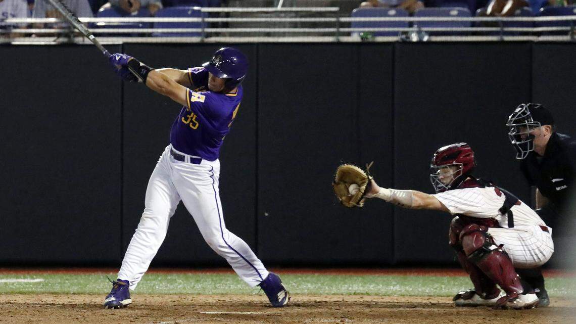 ECU's Bryson Worrell (35) strikes out for the final out during the ninth inning of an NCAA regional playoff college baseball game at Clark-LeClair stadium on the ECU campus in Greenville, NC, on June 2, 2018.  USC beat ECU 4-2.