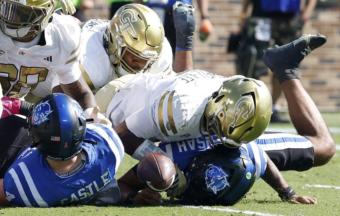 Duke fumbles the ball during the first half of the Blue Devils’ game against Georgia Tech on Saturday, Oct. 18, 2025, at Wallace Wade Stadium in Durham, N.C.