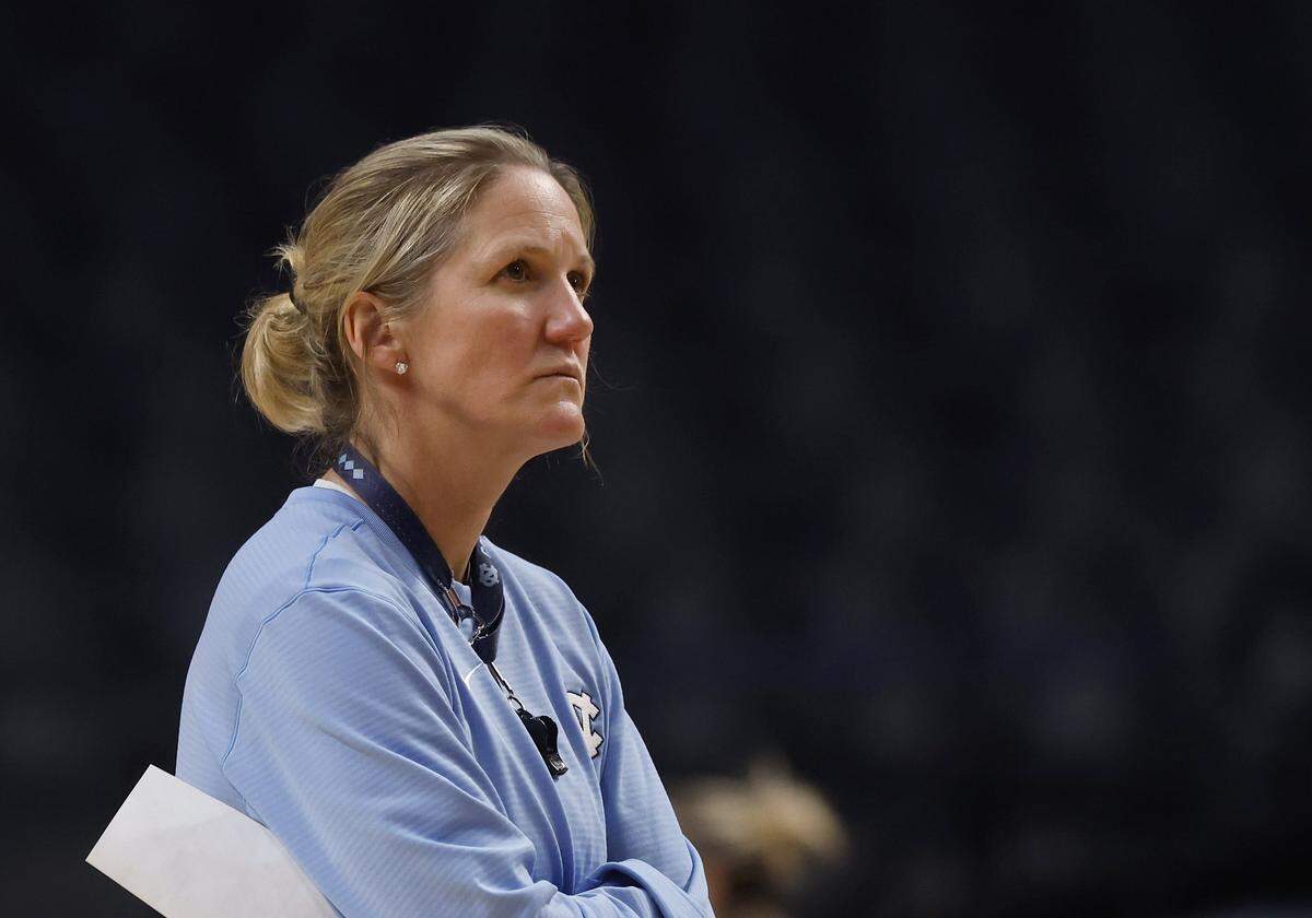 North Carolina head coach Courtney Banghart watches her team practice at Legacy Arena on Thursday, March 27, 2025, in Birmingham, Ala. The Tar Heels will face Duke in the NCAA Tournament Sweet 16 on Friday.