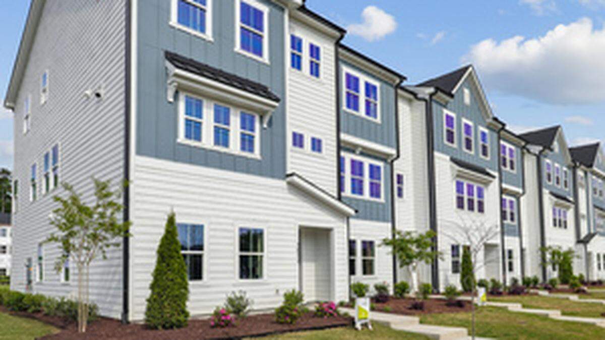 A row of townhomes in the new Twinleaf Townes townhome community in Chapel Hill.