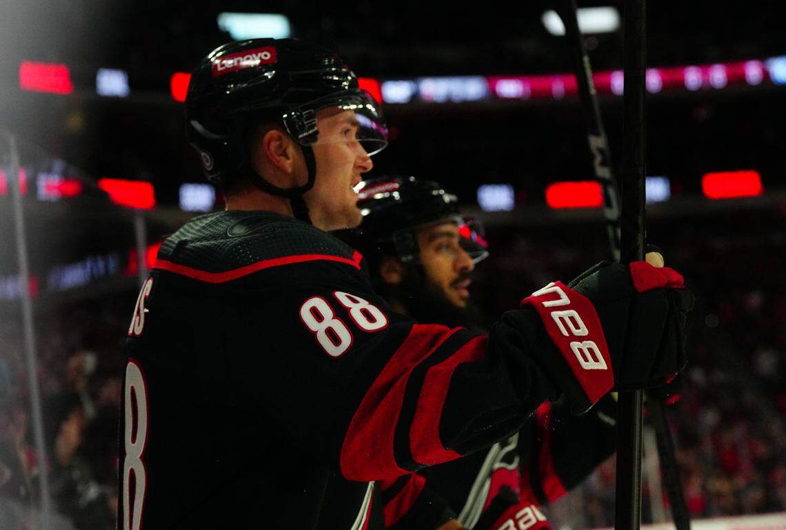 Feb 8, 2024; Raleigh, North Carolina, USA; Carolina Hurricanes center Martin Necas (88) scores a goal against the Colorado Avalanche during the first period at PNC Arena. Mandatory Credit: James Guillory-USA TODAY Sports