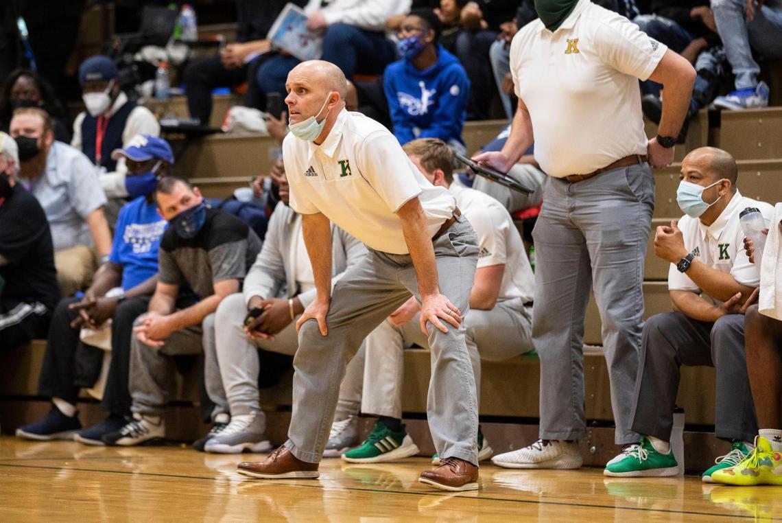 Kinston High varsity basketball head coach Perry Tyndall watches a play during the Vikings game against the Farmville Central Jaguars at the Brandon Ingram MLK Showcase in Kinston, N.C. on Jan. 15, 2022.