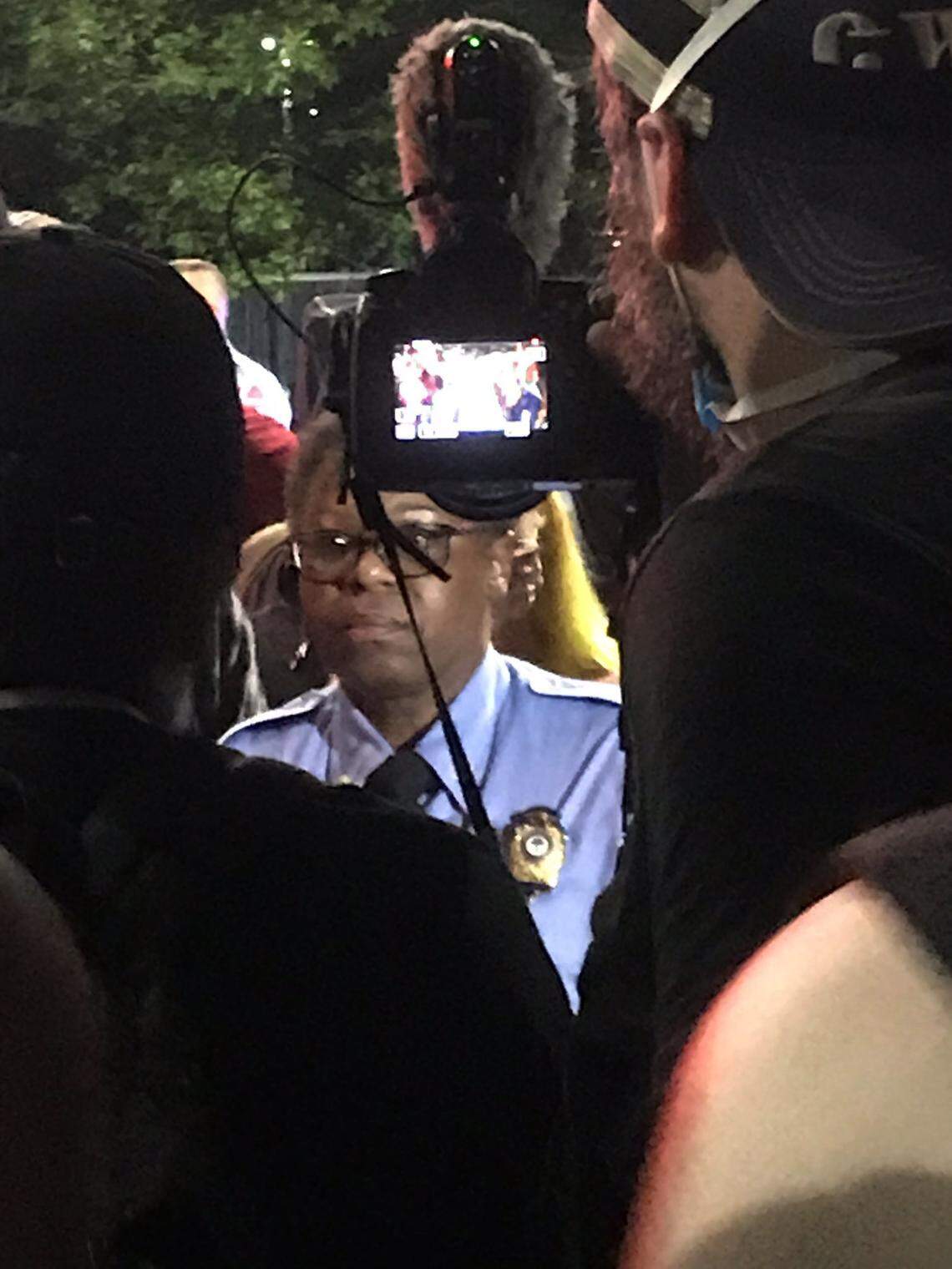 Raleigh police chief Cassandra Deck-Brown speaks with protesters after curfew in downtown Raleigh Wednesday, June 3, 2020.