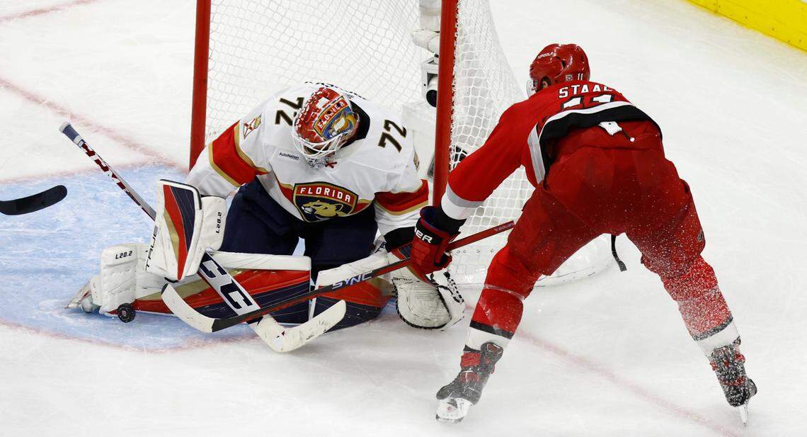 Carolina center Jordan Staal (11) can’t get the puck past Florida goaltender Sergei Bobrovsky (72) during the third period of game two between the Hurricanes and Panthers in the Eastern Conference Finals at PNC Arena in Raleigh, N.C., Saturday, May 20, 2023.