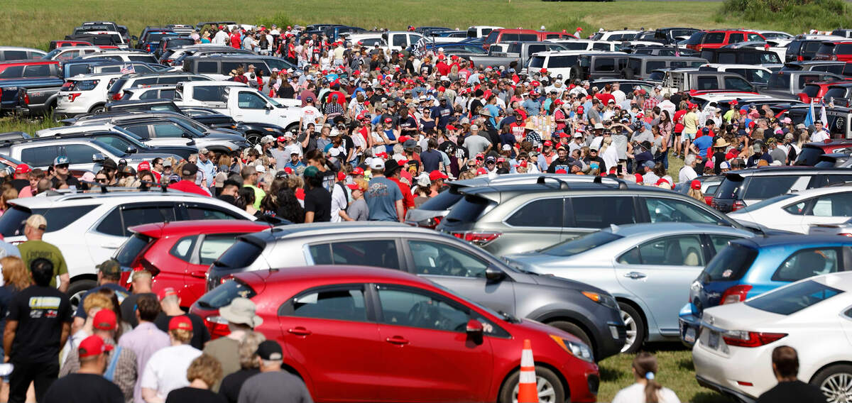 Crowds line up to hear remarks by Republican candidate for president Donald Trump in Asheboro, N.C., Wednesday, August 21, 2024.