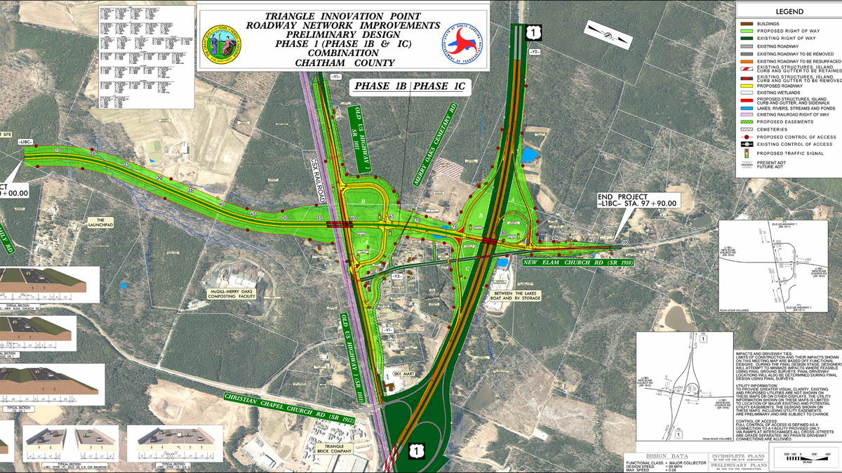 To ease access to the planned VinFast electric vehicle plant in Chatham County, the N.C. Department of Transportation wants to replace Exit 84 from U.S. 1 (bottom center) with a new interchange at New Elam Church Road, which would be relocated and extended over old U.S. 1 into the site (left).