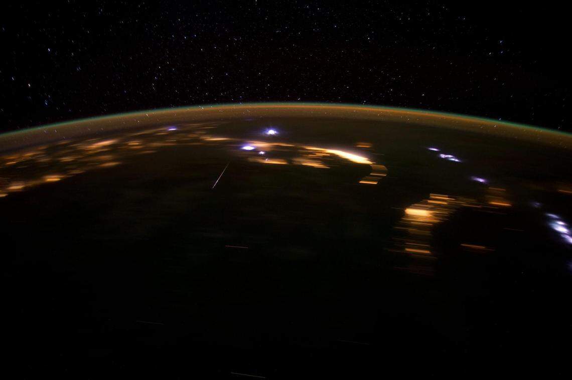 Astronaut Don Pettit shot this image of the Lyrid meteor shower from aboard the International Space Station in 2012. 