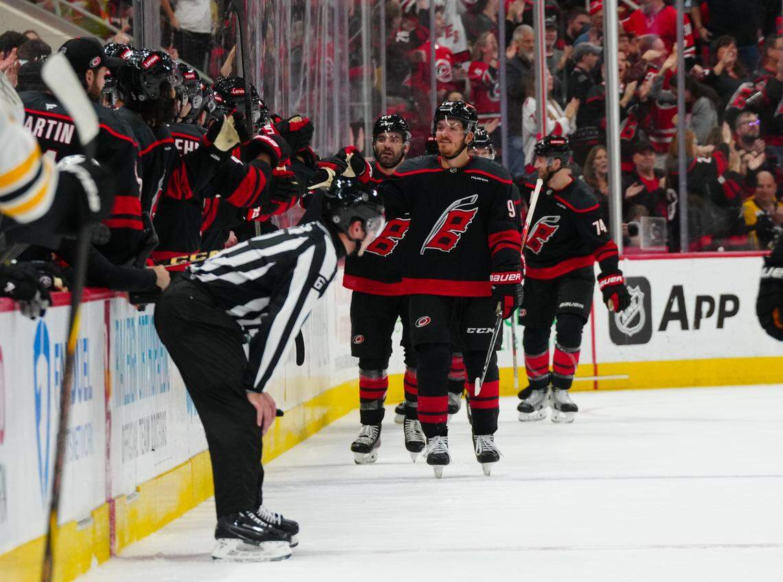 Carolina Hurricanes center Jack Roslovic (96) celebrates his goal against the Boston Bruins during the second period at Lenovo Center.