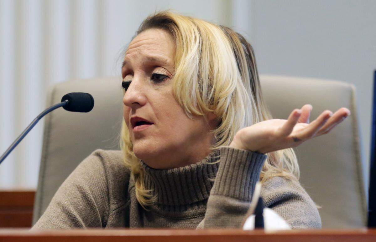 Lisa Britt answers a question by executive director of the Board of Elections Kim Strach during the public evidentiary hearing on the 9th Congressional District investigation Monday morning, Feb. 18, 2019, at the North Carolina State Bar in Raleigh.