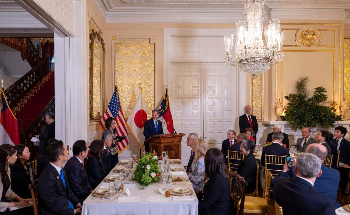 North Carolina Governor Roy Cooper addresses a luncheon in honor of Japanese Prime Minister Fumio Kishida on Friday, April 12, 2024 at the Executive Mansion in Raleigh, N.C.