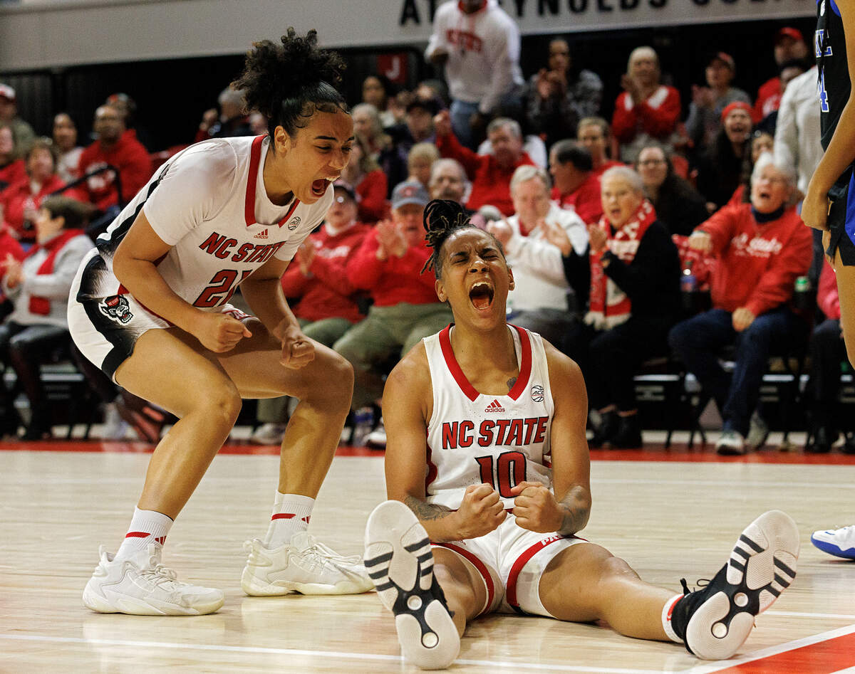 N.C. State’s Madison Hayes and Aziaha James react after drawing a foul during the second half of the Wolfpack’s 72-57 win over Duke on Sunday, Jan. 21, 2024, at Reynolds Coliseum in Raleigh, N.C.