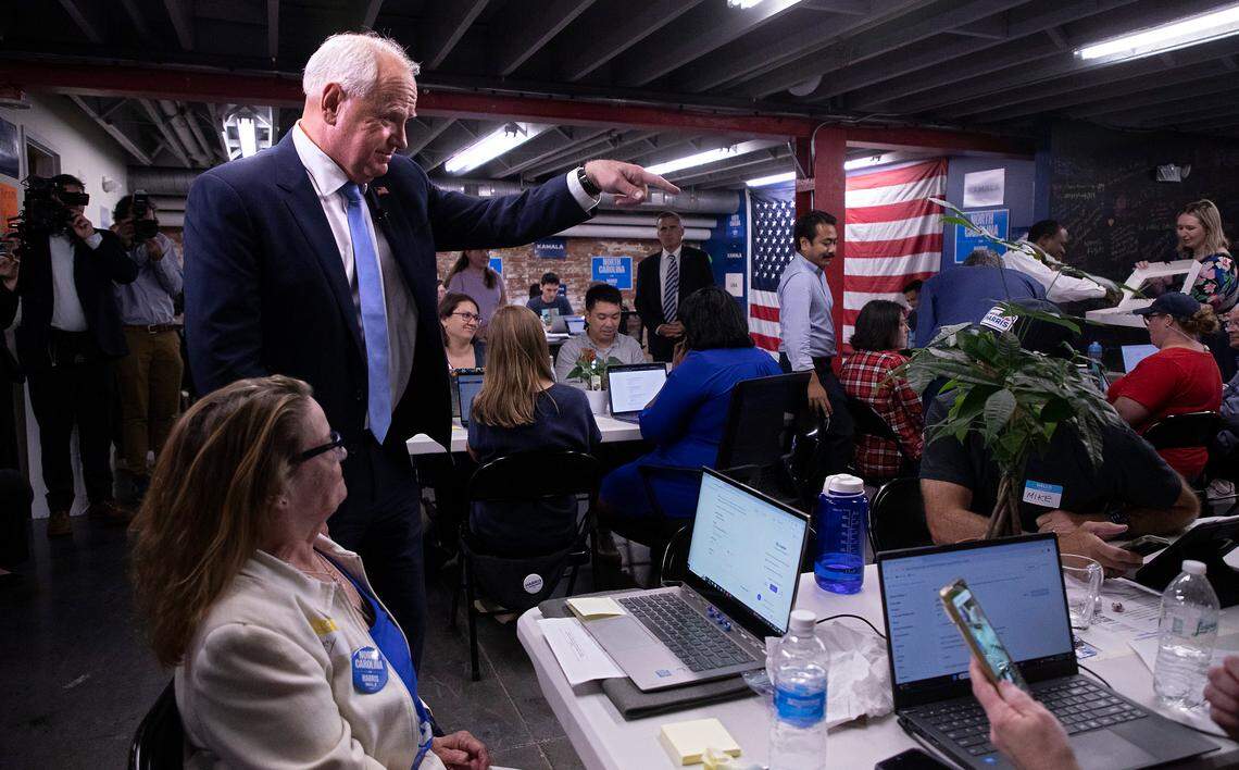 Democratic Vice Presidential nominee and Minnesota Gov. Tim Walz speaks with volunteers at a campaign office during a visit to Raleigh, N.C. on Thursday, Aug. 29, 2024.