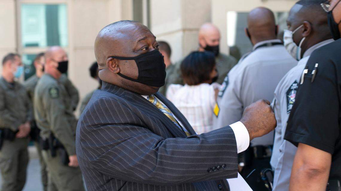 Wake County Sheriff Gerald Baker outside the Wake County Pubic Safety Center on Salisbury Street during a press briefing on Wednesday, October 7, 2020 in Raleigh, N.C.