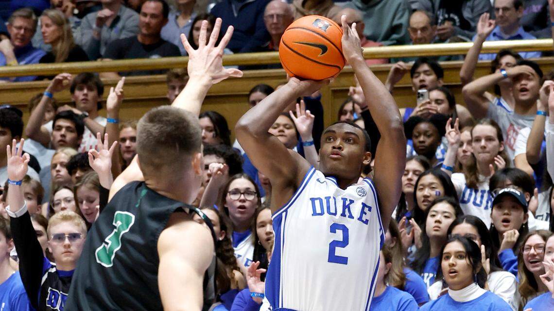Duke’s Jaylen Blakes (2) hits a three-pointer as Dartmouth’s Dusan Neskovic (3) defends during the first half of Duke’s game against Dartmouth at Cameron Indoor Stadium in Durham, N.C., Monday, Nov. 6, 2023.