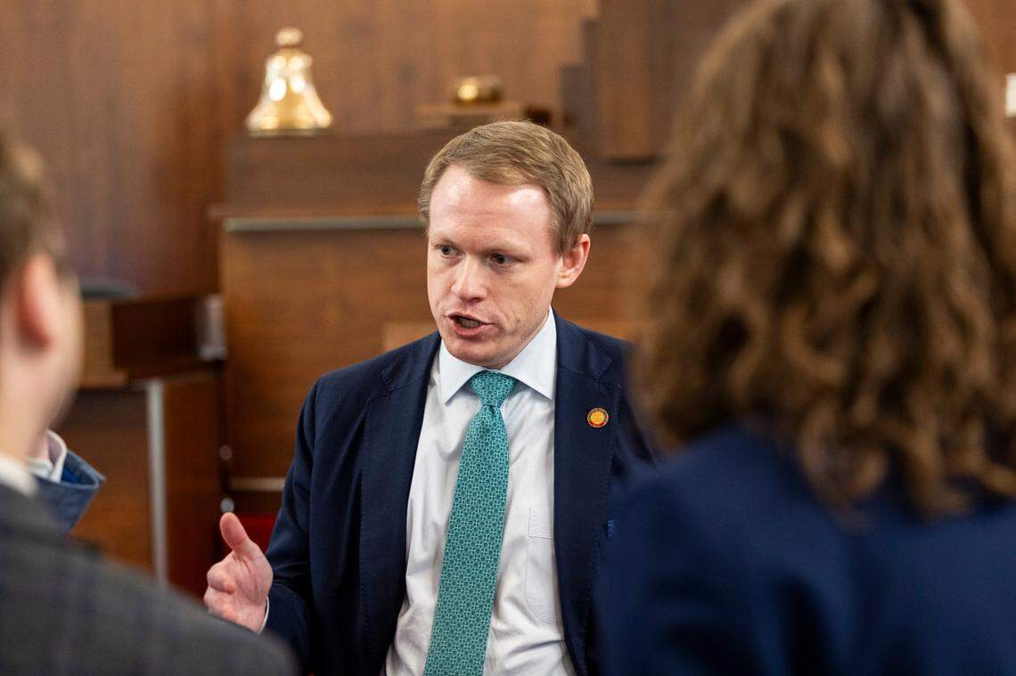 House Speaker Destin Hall talks with reporters on the House floor following the passage a Helene relief bill, on Tuesday, Feb. 25, 2025 at the North Carolina General Assembly.