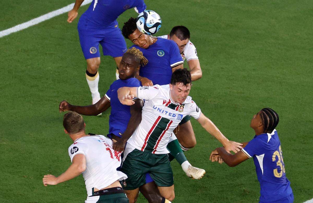 Chelsea’s Bashir Humphreys heads the ball during the first half of Chelsea Football Club’s friendly match against Wrexham F.C. at Kenan Stadium in Chapel Hill, N.C., Wednesday, July 19, 2023.