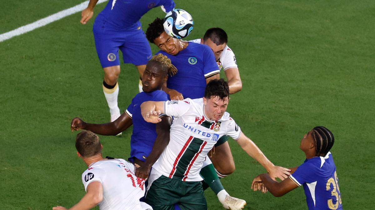 Chelsea’s Bashir Humphreys heads the ball during the first half of Chelsea Football Club’s friendly match against Wrexham F.C. at Kenan Stadium in Chapel Hill, N.C., Wednesday, July 19, 2023.