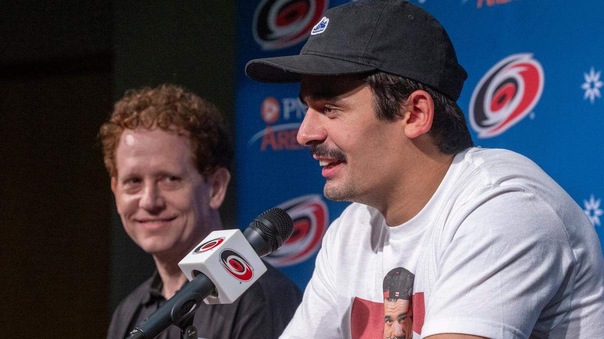 Carolina Hurricanes forward Seth Jarvis talks about his new eight-year, $63.2 million contract during a press briefing with General Manager Eric Tulsky on Tuesday, September 3, 2024 at PNC Arena in Raleigh, N.C.