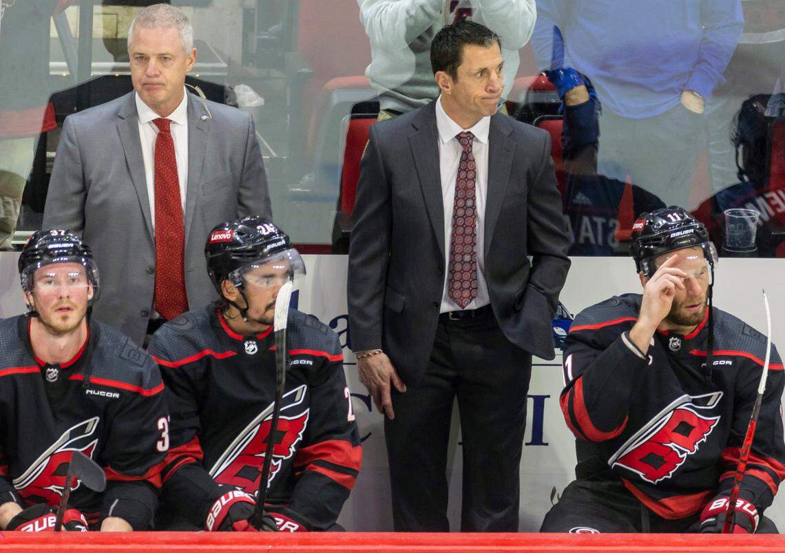 Carolina Hurricanes coach Rod Brind’Amour reacts after the New York Rangers scored an empty net goal to take a 5-3 lead in the closing minute of Game 6, clinching the second round series of the 2024 Stanley Cup playoffs on Thursday, May 16, 2024 at PNC Arena in Raleigh N.C.