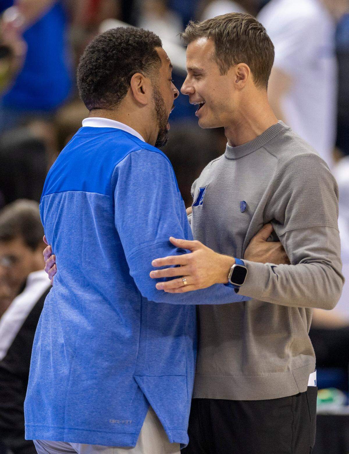 Pittsburgh coach Jeff Capel congratulates Duke coach Jon Scheyer following the Blue Devils’ 96-69 victory in the third round of the ACC Tournament on Thursday, March 9, 2023 at the Greensboro Coliseum in Greensboro, N.C.