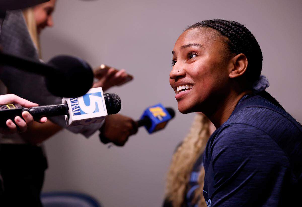 North Carolina’s Reniya Kelly smiles while answering questions from media in the locker room at Legacy Arena on Thursday, March 27, 2025, in Birmingham, Ala. The Tar Heels will face Duke in the NCAA Tournament Sweet 16 on Friday.