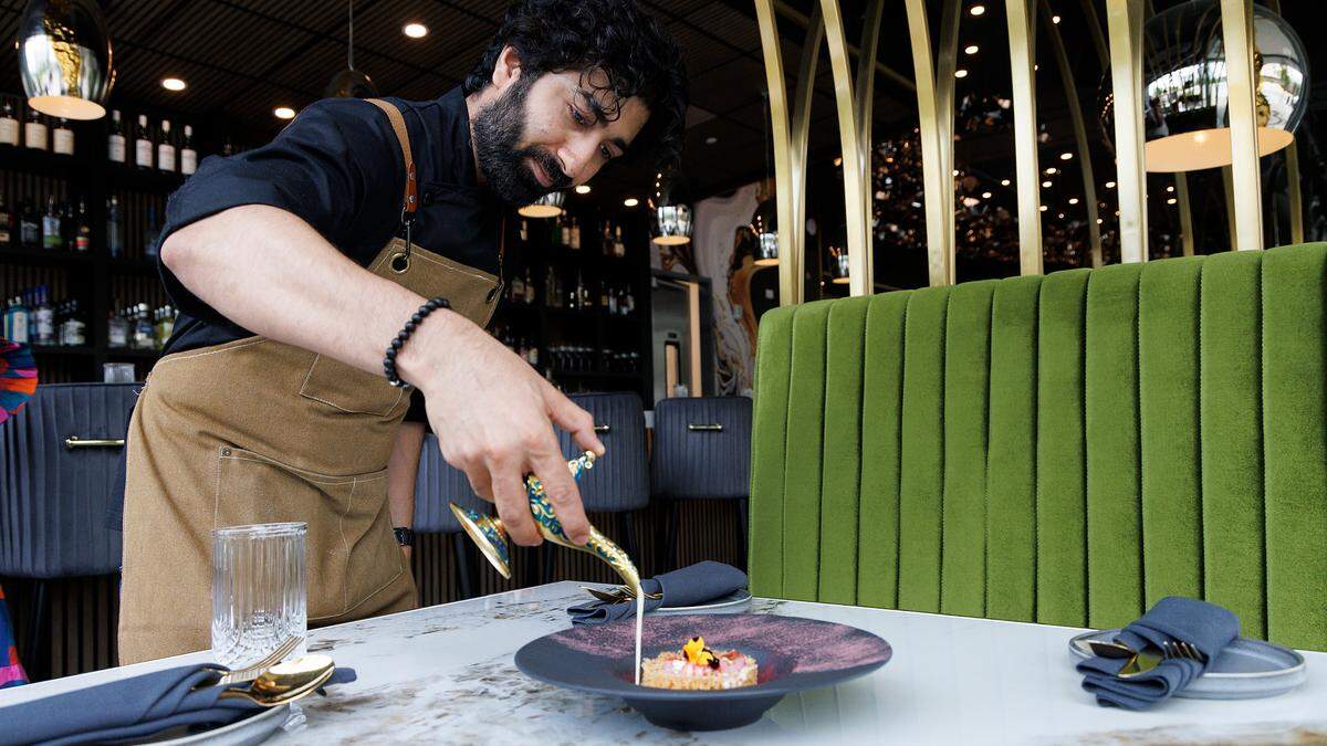 Executive chef Bhavin Chhatwani prepares a “North Meets South” dessert at Tamasha Modern Indian on Wednesday, May 8, 2024, in Raleigh, N.C. 