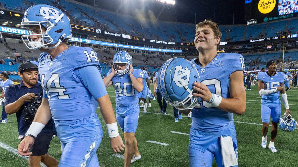 North Carolina quarterback Drake Maye (10) celebrates the Tar Heels’ 31-17 victory over South Carolina on Saturday September 2, 2023 at Bank of America Stadium in Charlotte, N.C.