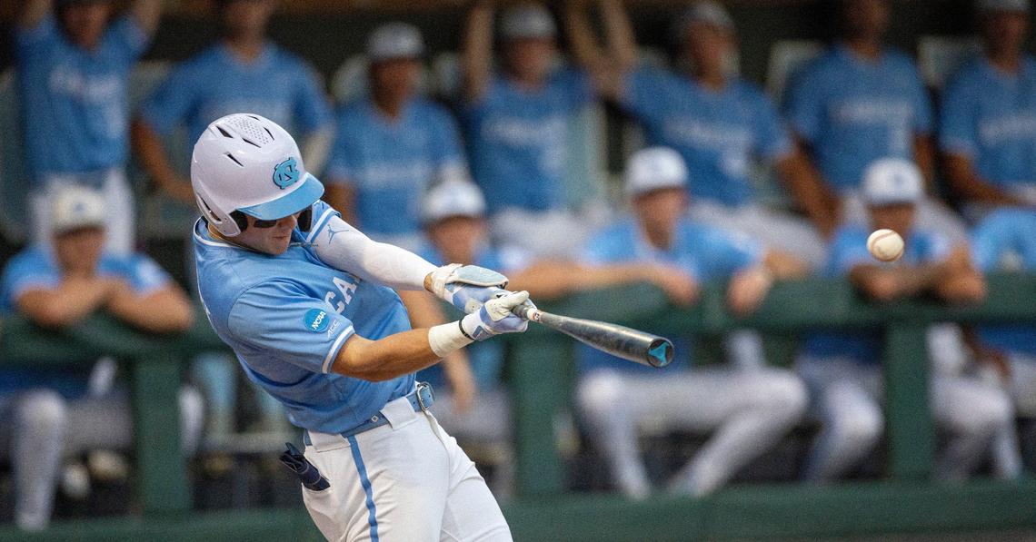 North Carolina’s Vance Honeycutt (7) connects from a home run in the first inning to take a 1-0 lead against West Virginia during the NCAA Super Regional on Saturday, June 8, 2024 at Boshamer Stadium in Chapel Hill, N.C.