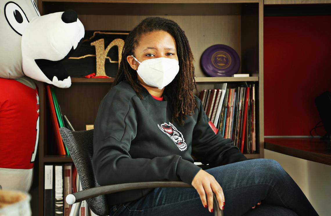 N.C. State University student body president Melanie Flowers, 21, in her office at the Talley Student Union on Aug. 27, 2020. Flowers, a senior majoring in public relations, is currently living at home with her parents in Cary.
