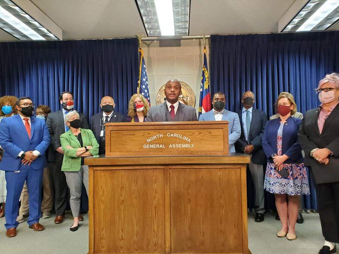 N.C. House Democratic leader Rep. Robert Reives and other House Democrats talked about the state budget during a press conference Wednesday, Aug. 11, 2021.