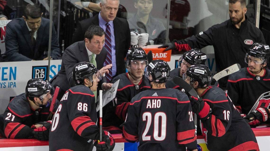 Carolina Hurricanes coach Rod BrindíAmour talks with his players during a time out in the second period on Friday, May 20, 2022 during game two of the Stanley Cup second round at PNC Arena in Raleigh, N.C.