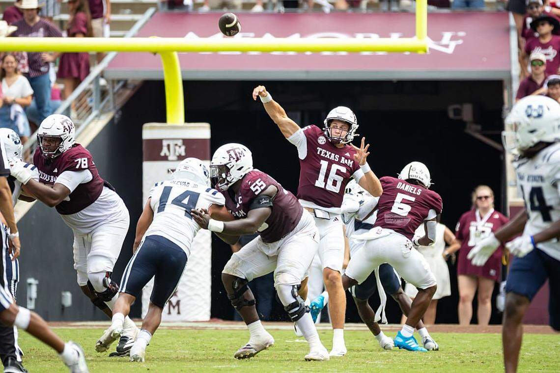 Miles O'Neill (16) of the Texas A&M Aggies throws a 72-yard pass for a touchdown in the second half of a game against the Utah State Aggies at Kyle Field on Sept. 6, 2025 in College Station, Texas.